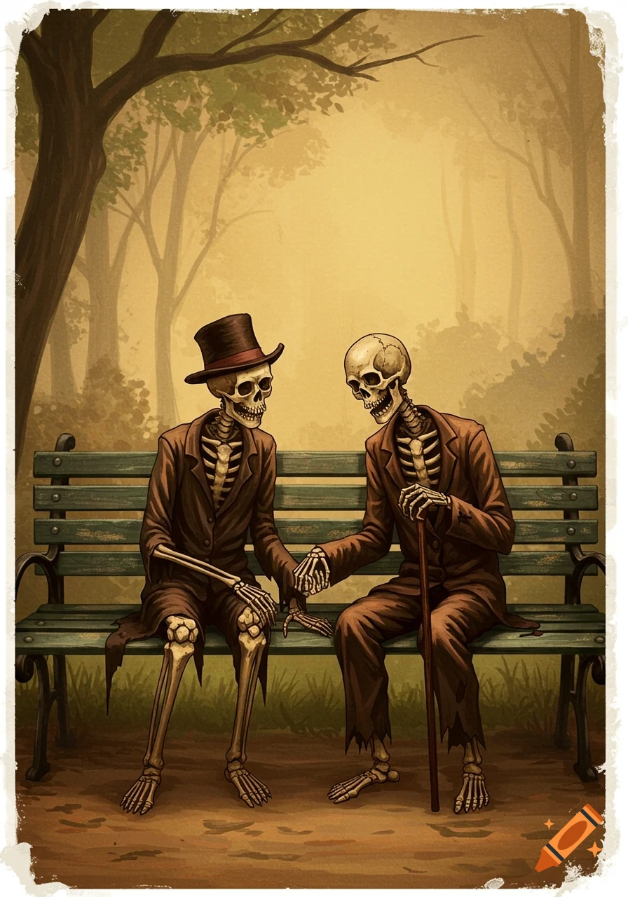 Two skeletons in suits sit on a park bench holding hands in an illustration.