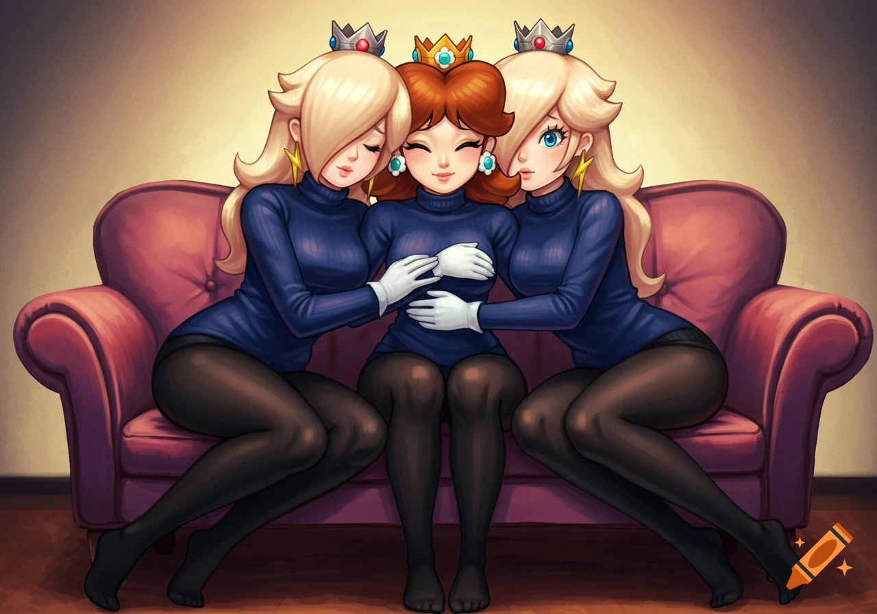 Illustration of Peach, Daisy, and Rosalina from Mario hugging on a couch, wearing blue turtlenecks and black tights.