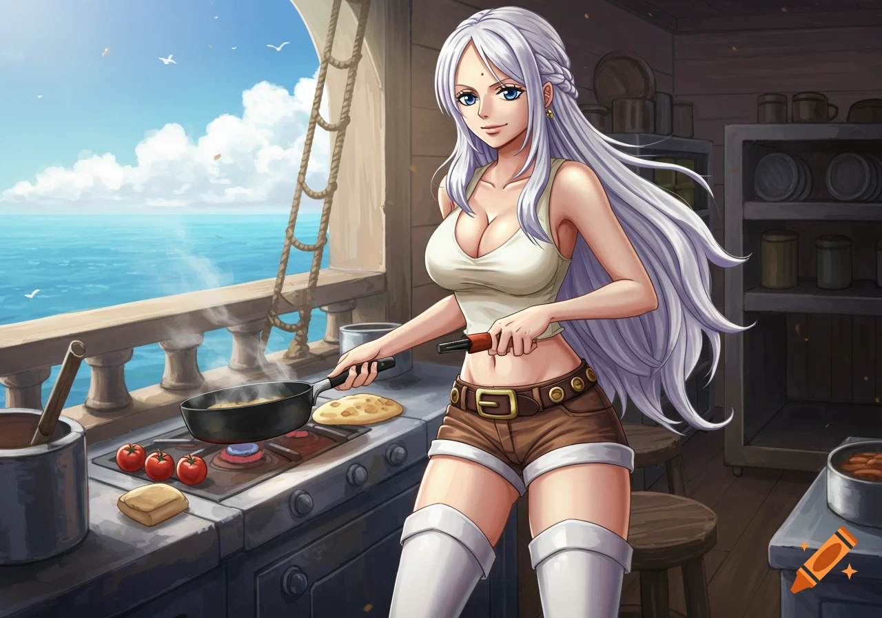 A white-haired anime woman cooking on a ship
