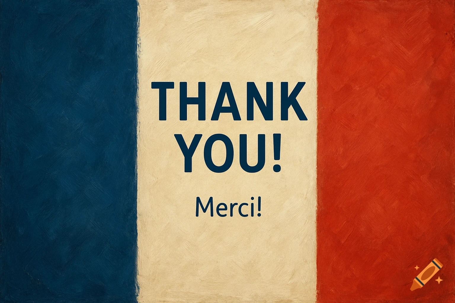 French flag background with text 'THANK YOU! Merci!'. Painted texture style.