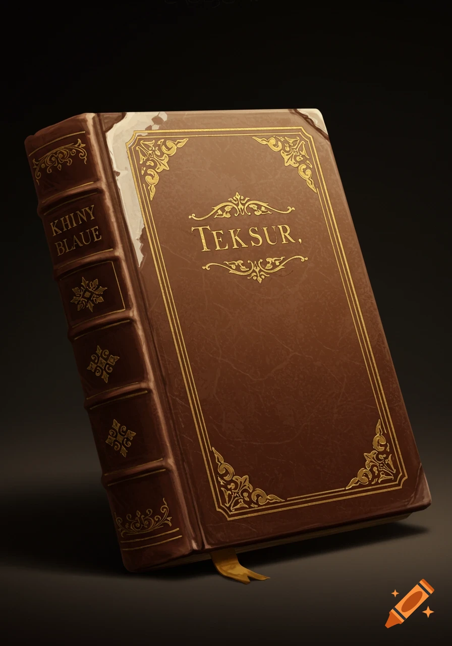 A detailed close-up of an old brown leather-bound book with golden text on the cover and spine.