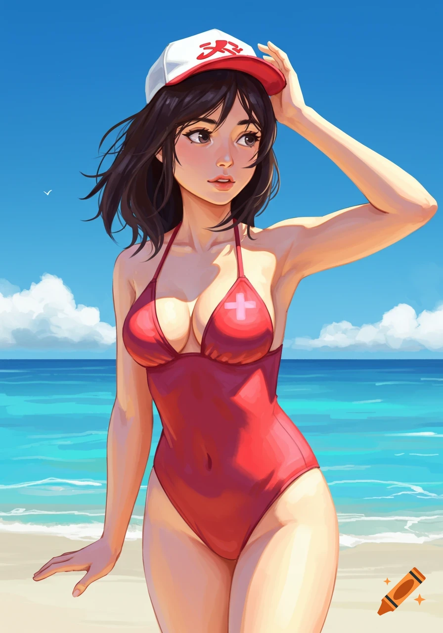 Illustration of a woman in a red swimsuit and hat on a beach.