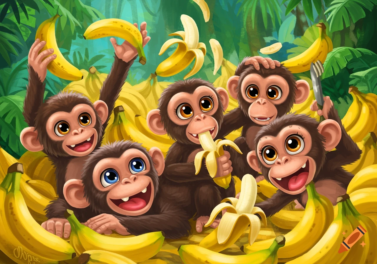 Cute cartoon monkeys eating and playing with bananas in a lush jungle setting.