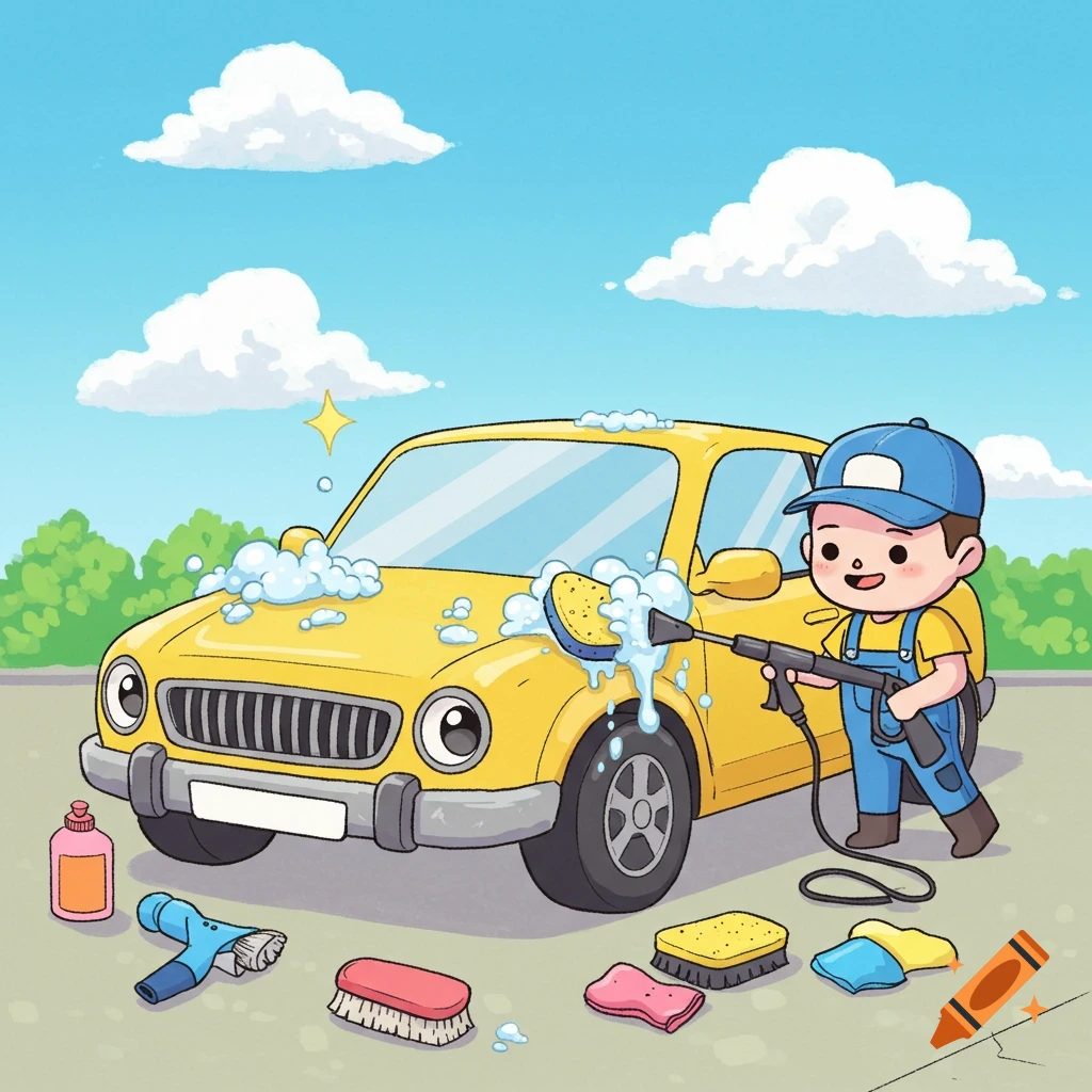 Cute cartoon boy washing a yellow car with a pressure washer and sponge, surrounded by cleaning tools.