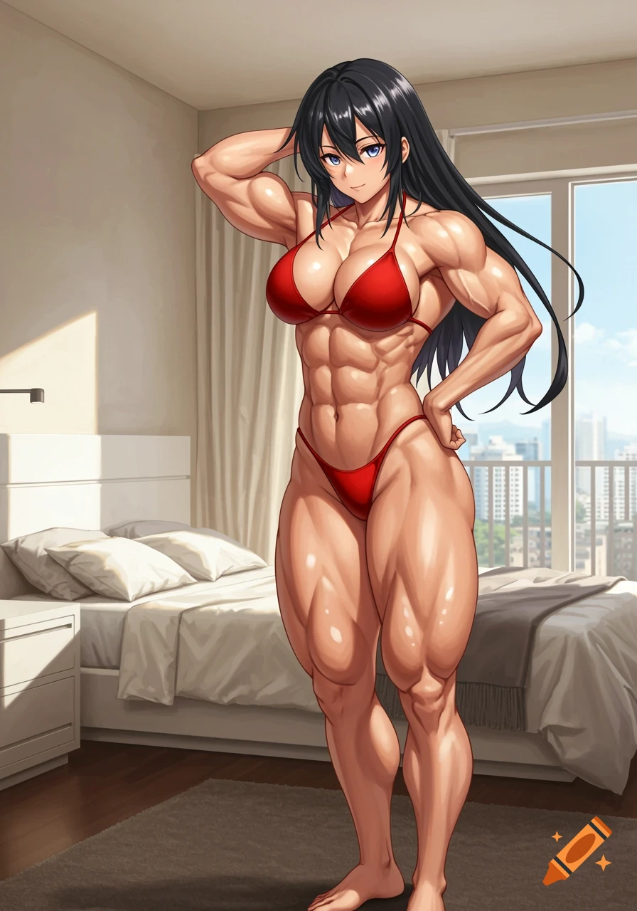 Anime muscular woman with long black hair wearing a red bikini standing in a modern bedroom.