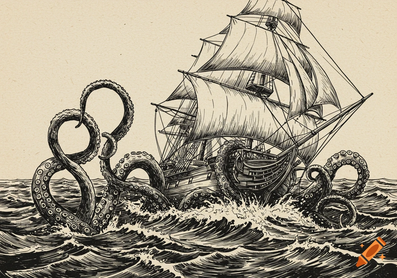 Black and white drawing of a sailing ship attacked by a giant kraken.