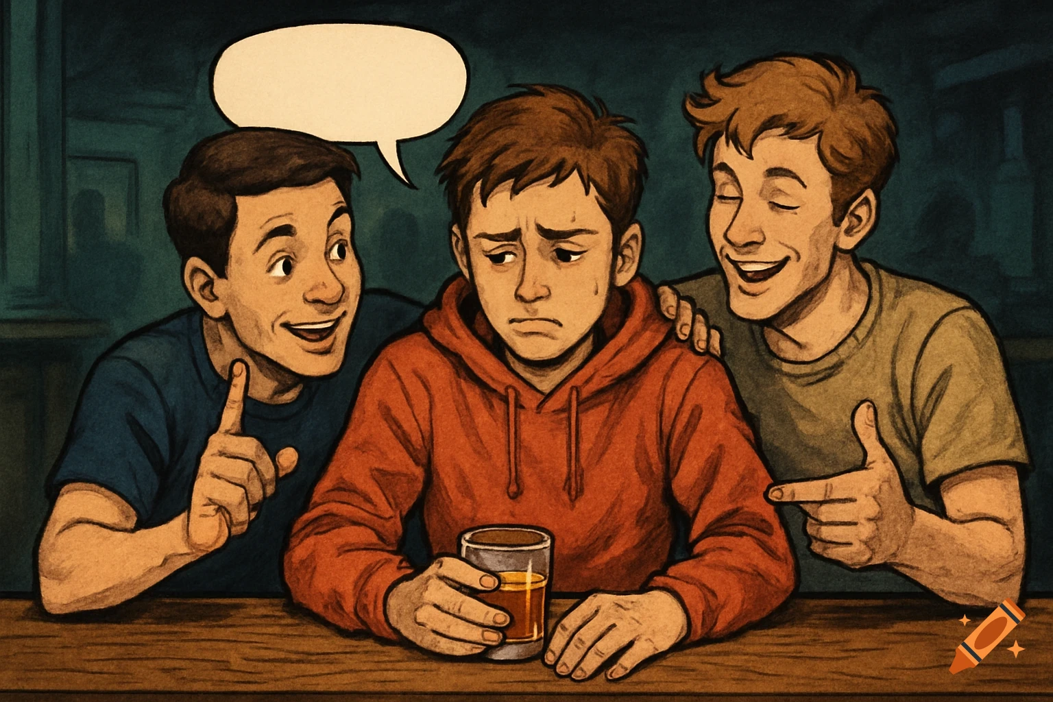 Illustration of three young men at a bar, two smiling and one looking sad holding a drink, with a blank speech bubble.