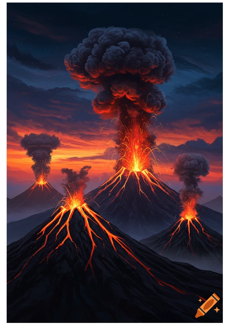 Multiple erupting volcanoes with lava flows and smoke against a dramatic sunset sky with stars.