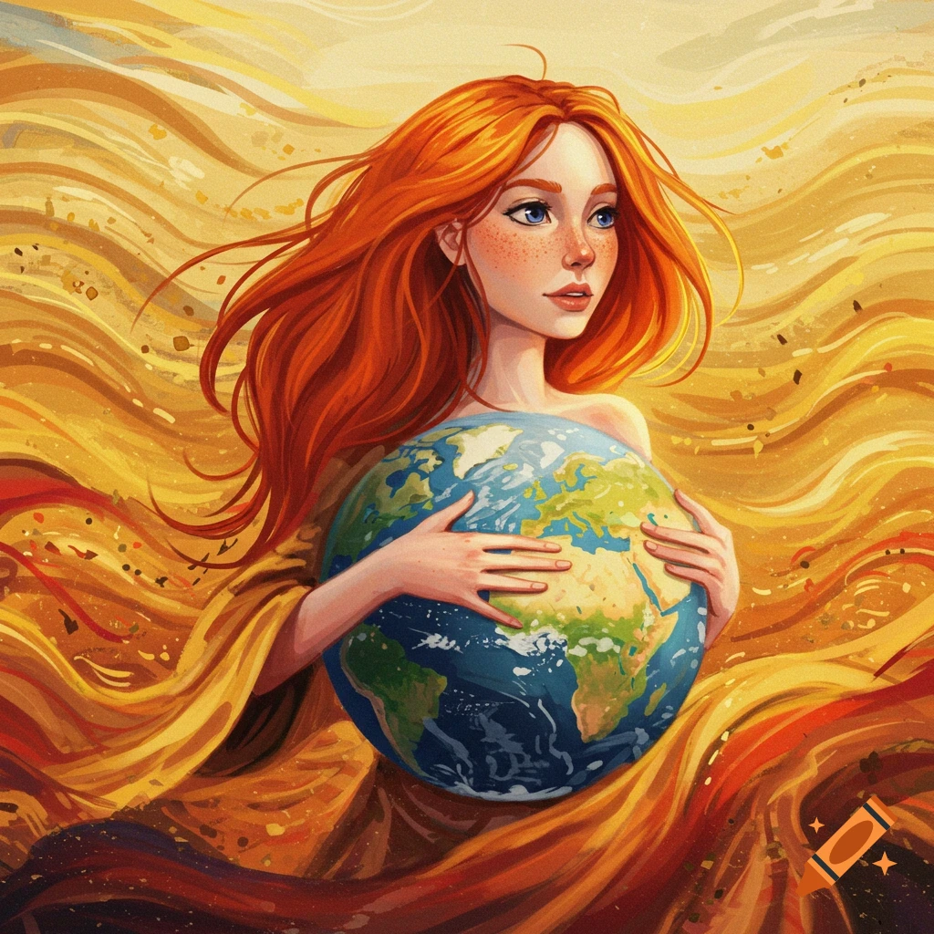 Illustration of a woman holding a globe, surrounded by flowing fabric in warm colors.