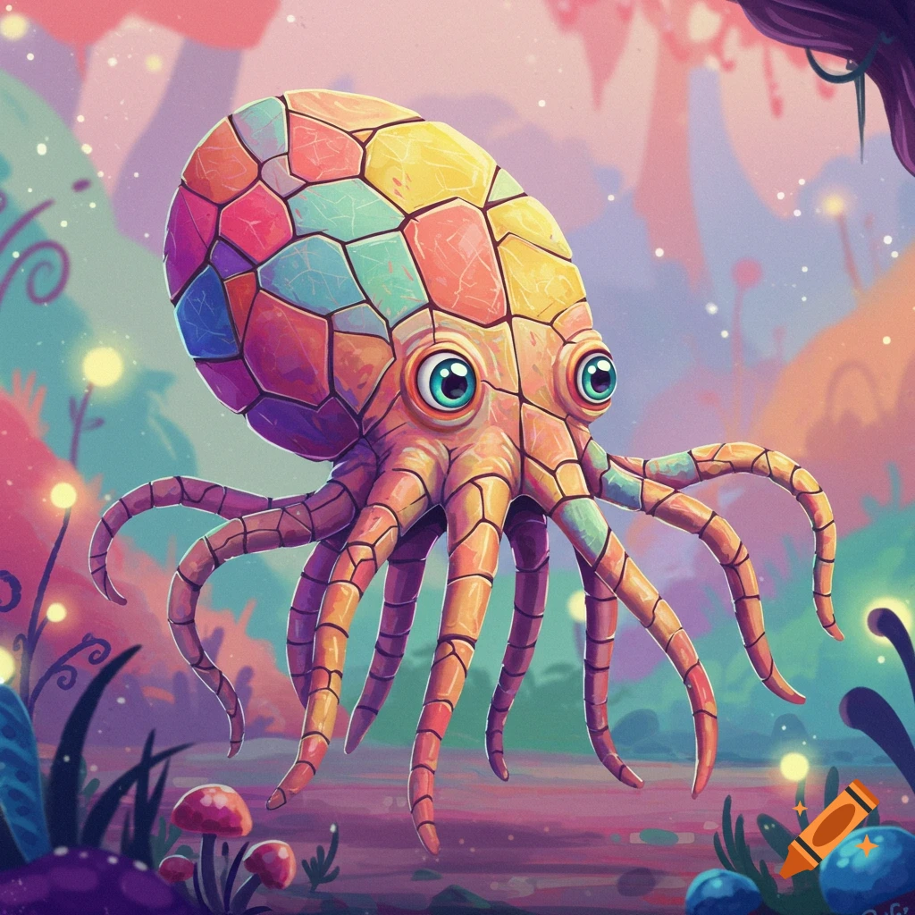 A vibrant, segmented octopus creature with multiple eyes floats in a whimsical, colorful alien landscape.