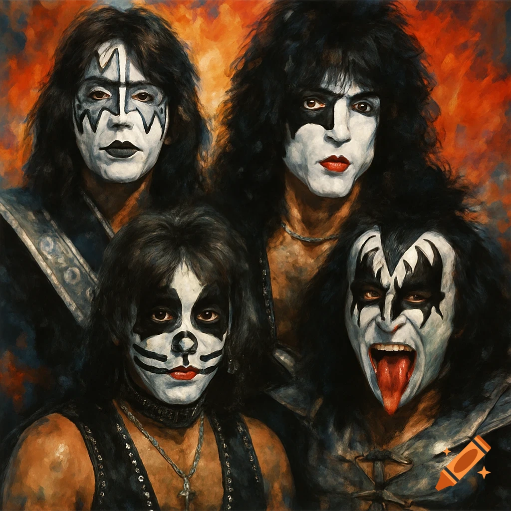 Four members of the band KISS in makeup, painted style