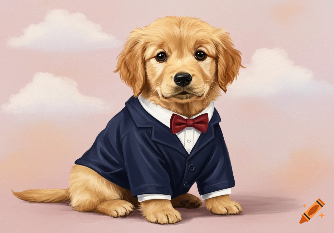 A cute golden retriever puppy wearing a blue suit and red bowtie, sitting against a pink background with clouds.