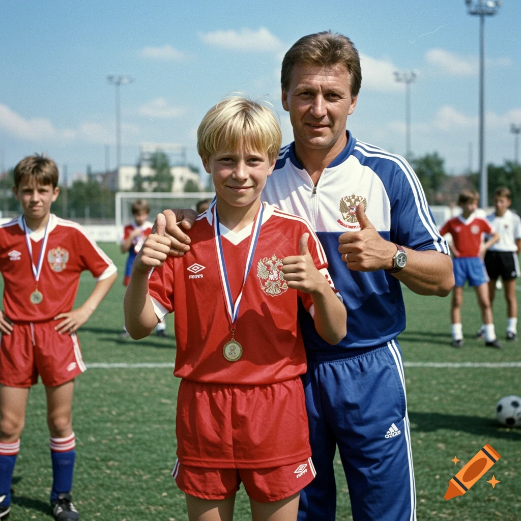 Man and young boy in red and blue soccer uniforms giving thumbs up on a sunny field