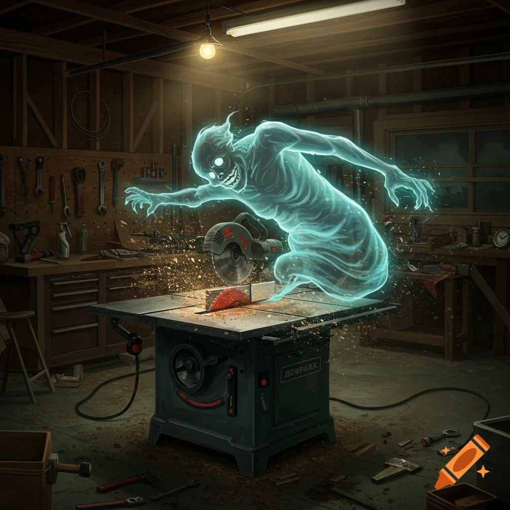 A translucent ghost hovers over a running table saw in a dusty workshop.