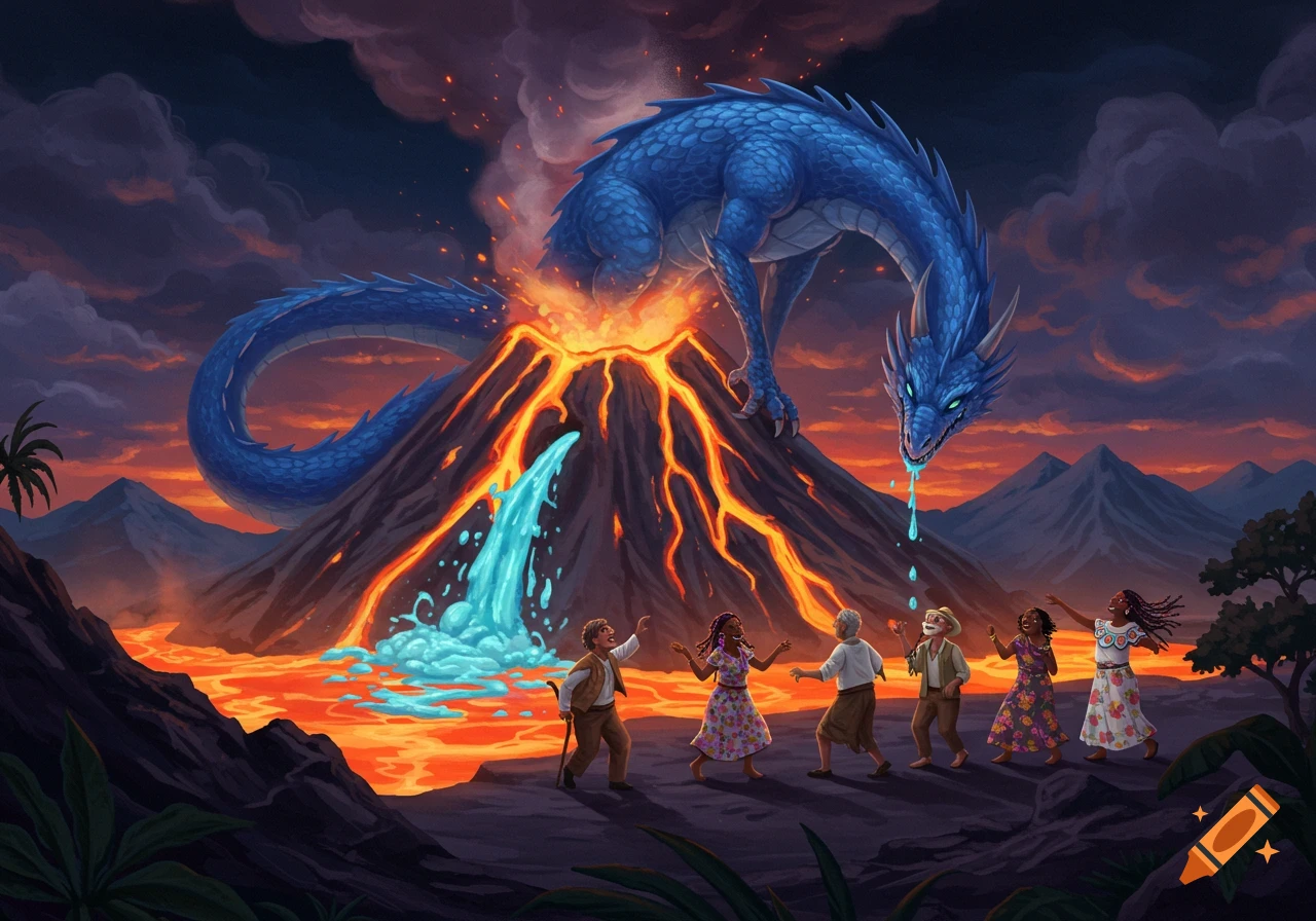 An illustration of a blue dragon on a volcano erupting lava and water, with people dancing below.