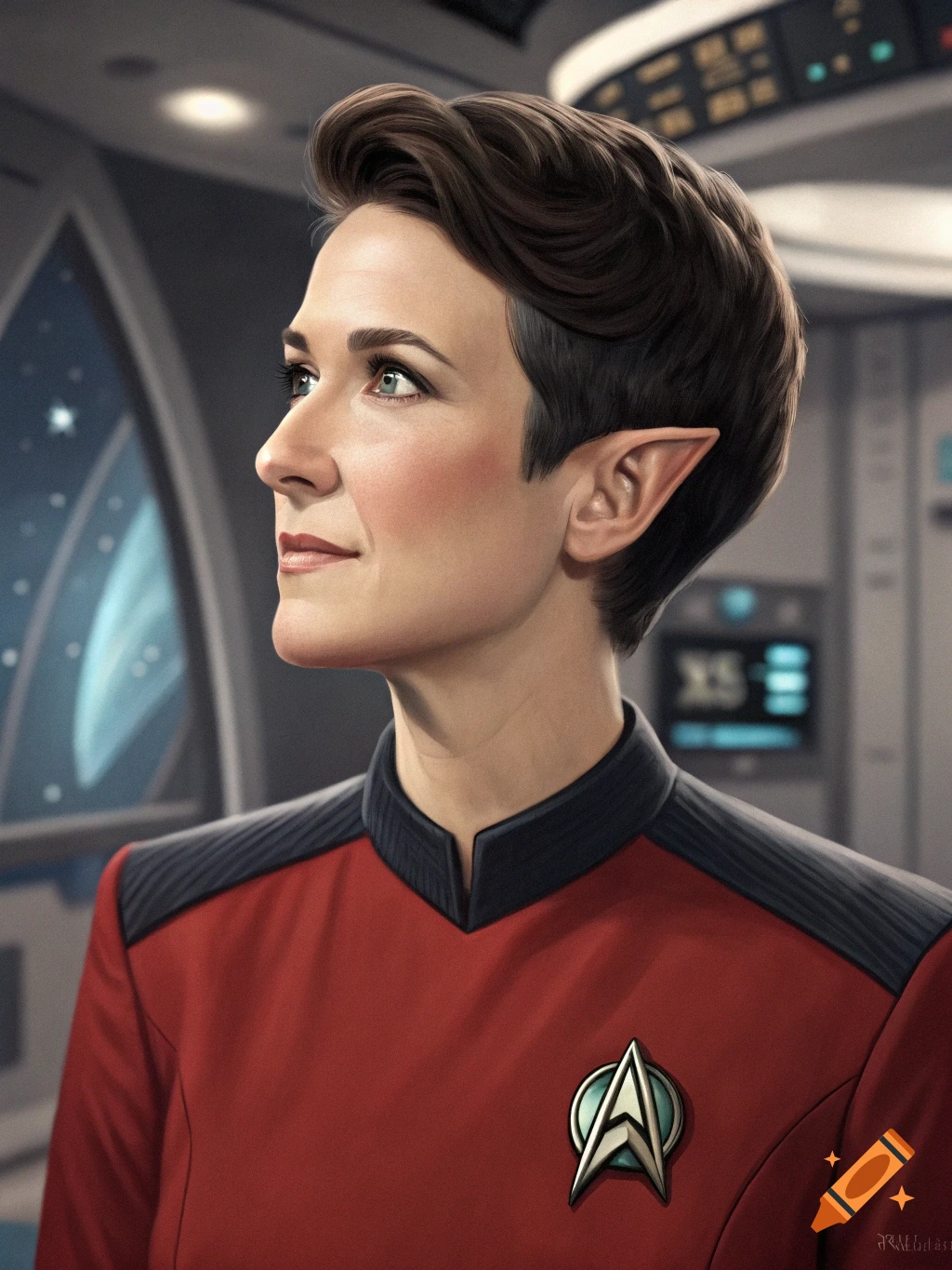 Portrait of a woman resembling Rachel Maddow as a Vulcan in a Starfleet uniform.
