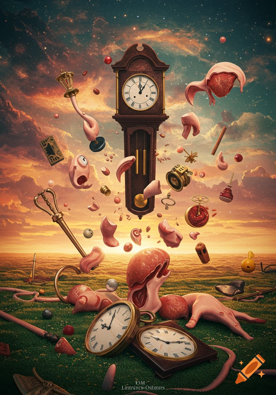 Surreal scene with a grandfather clock and various objects including anatomical parts, falling through a sunset sky onto a grassy field with pocket watches.