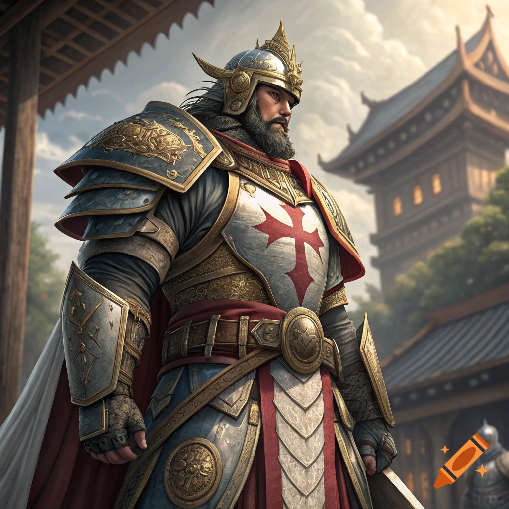 A paladin in ornate fantasy armor with a red cross stands before an Asian-style building.