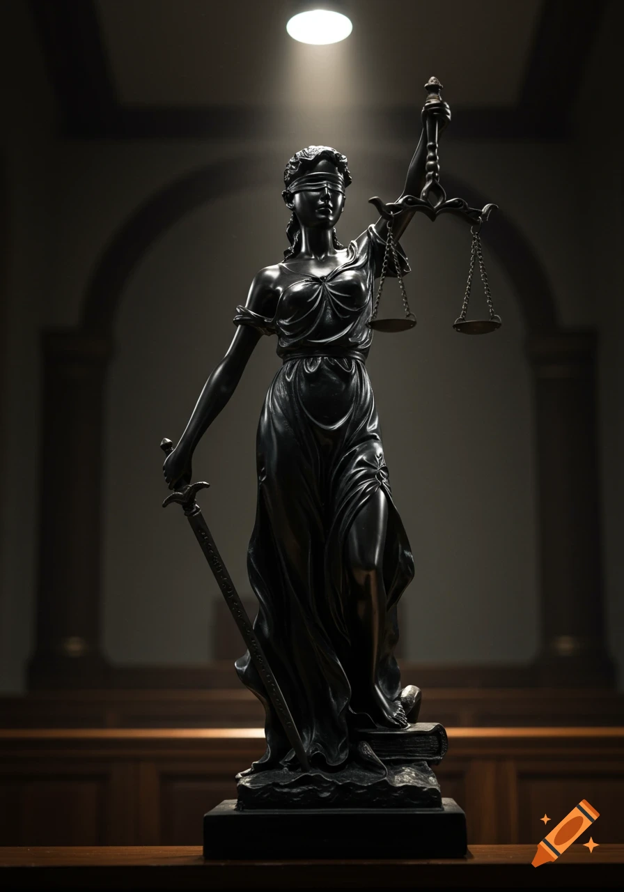 Dark statue of blindfolded Lady Justice holding scales and a sword, standing on a book in a courtroom.