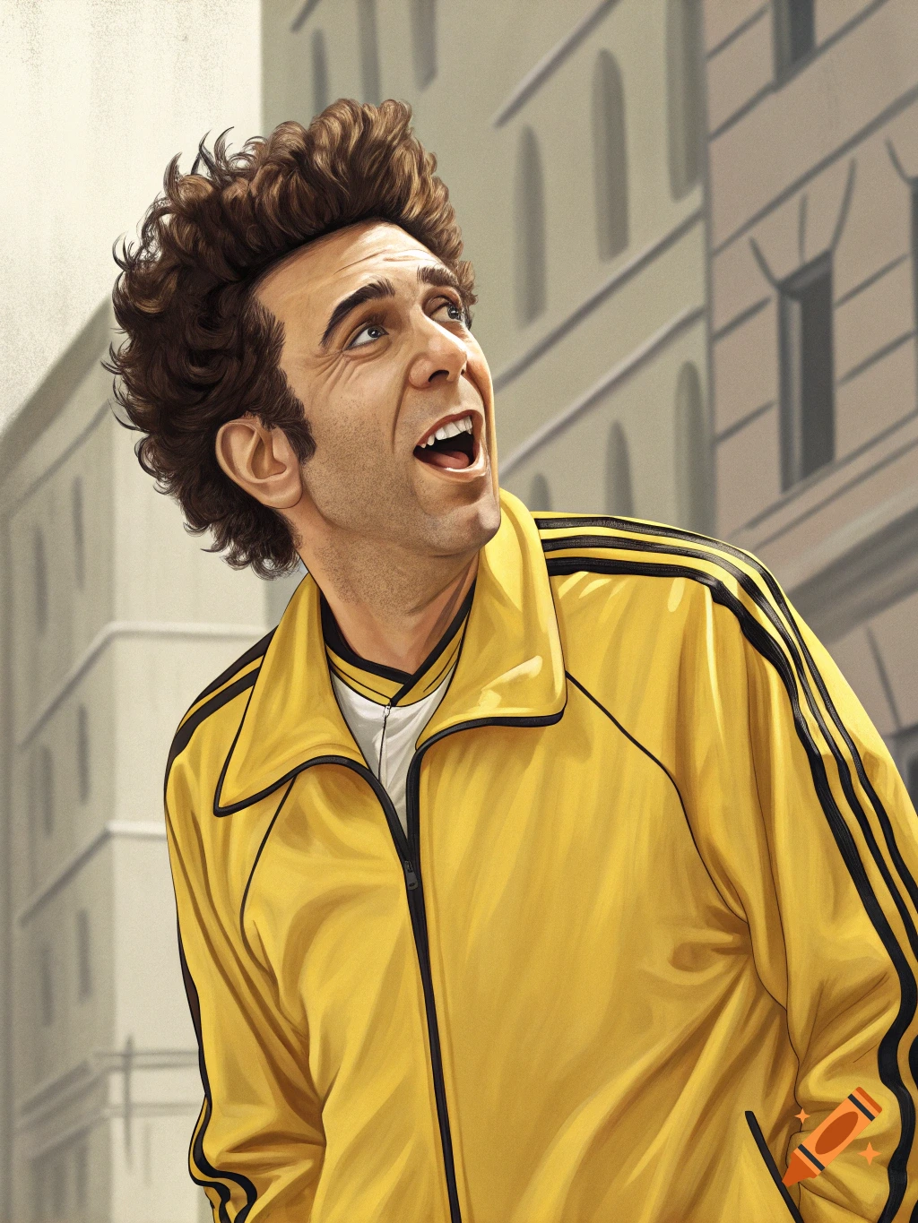 Caricature of Cosmo Kramer in a yellow tracksuit looking up.
