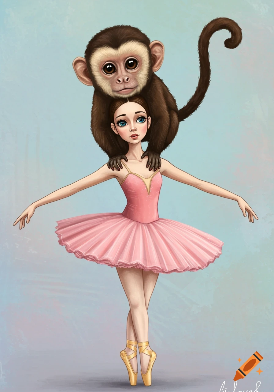An illustration of a girl ballerina dancing en pointe with a monkey on her head.