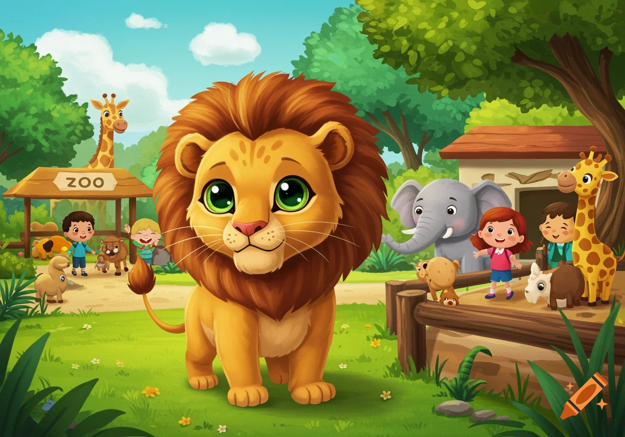 Cute cartoon lion with children and animals at a zoo sign in the background