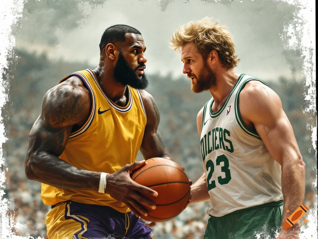 Two basketball players face each other on the court, one in a yellow jersey, one in a white and green jersey.