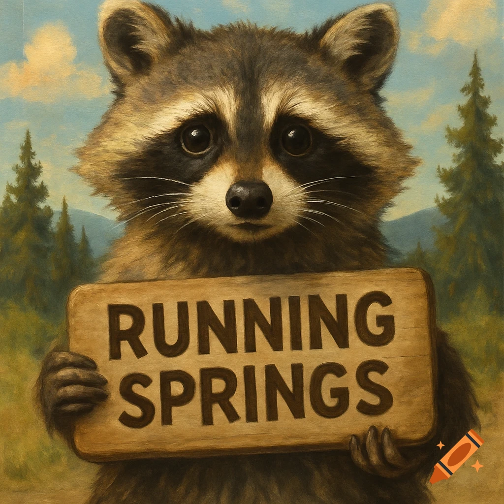 A painting of a raccoon holding a wooden sign that says "RUNNING SPRINGS".