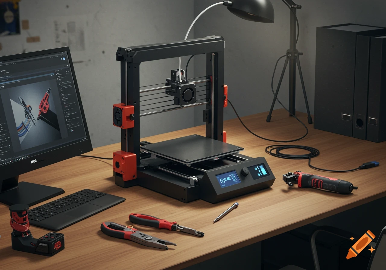 A 3D printer sits on a desk next to a computer monitor displaying a design, tools, and folders in a workspace.