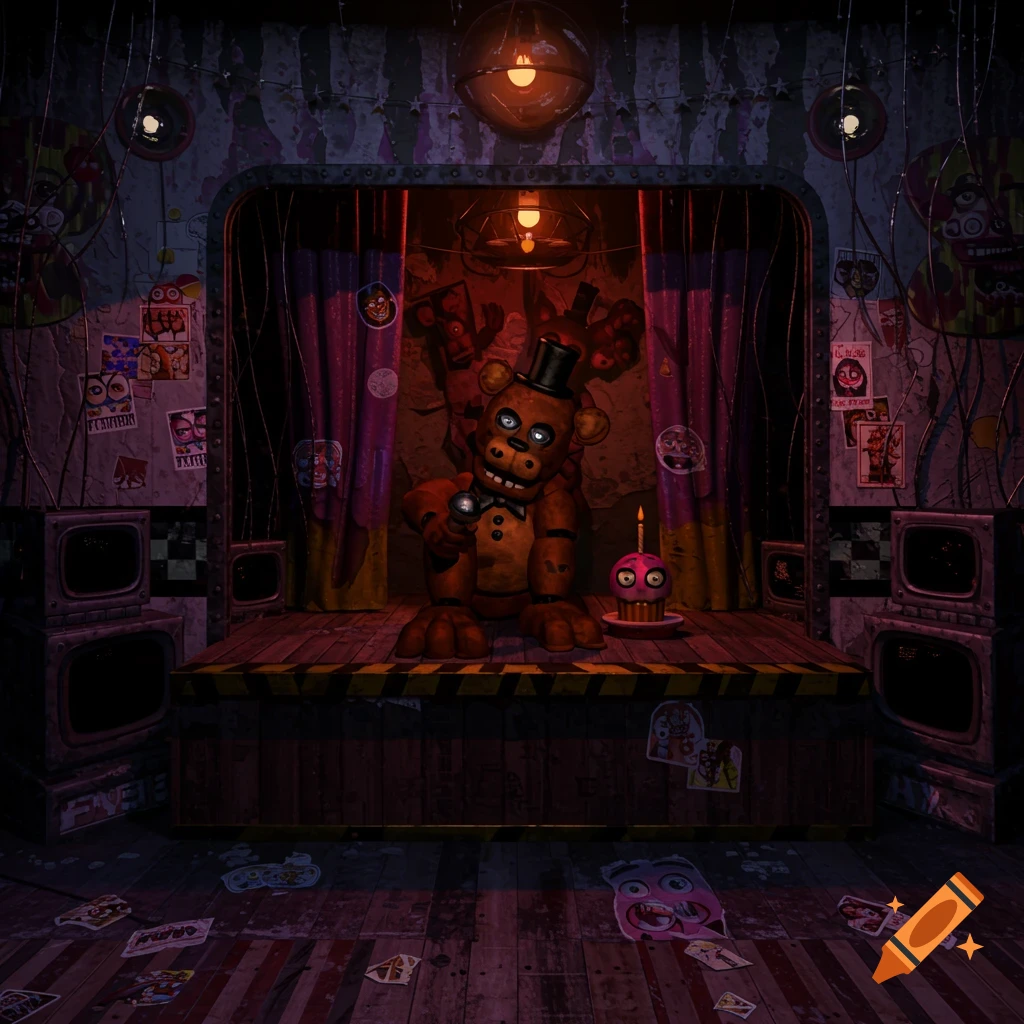 Freddy Fazbear animatronic on a dark stage with curtains, monitors, and posters in a video game scene.