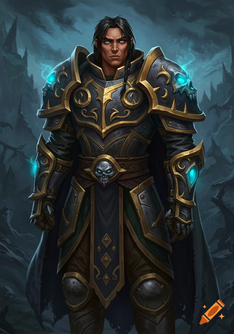 A human male character in elaborate dark and gold fantasy armor with skull details stands against a dark background.
