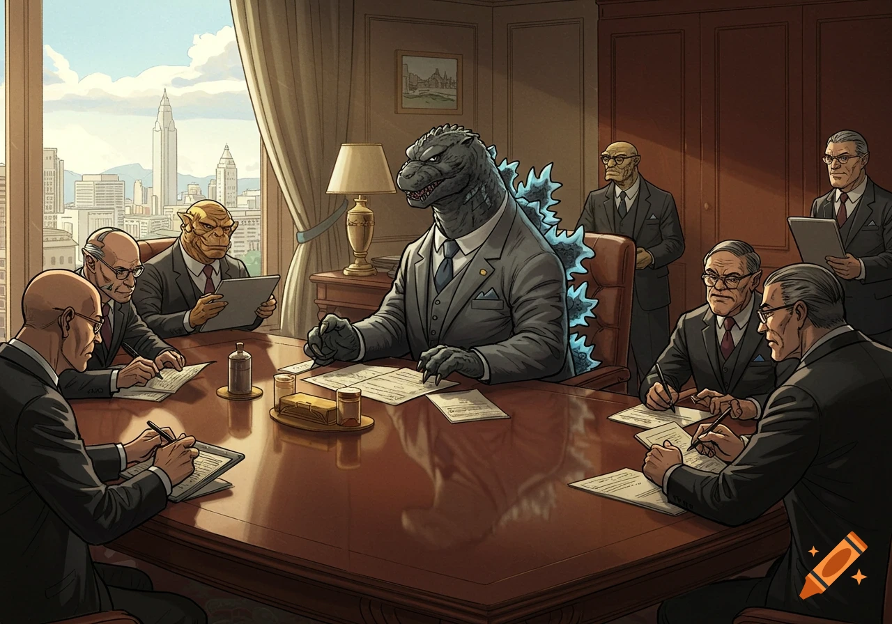 Illustration of Godzilla in a business suit seated at a table with humans and a creature, attending a meeting.