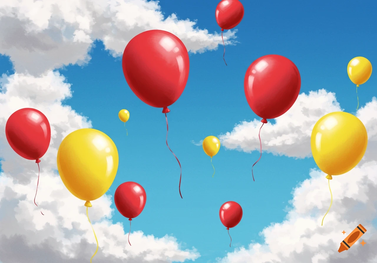 Red and yellow balloons float in a blue sky with clouds.
