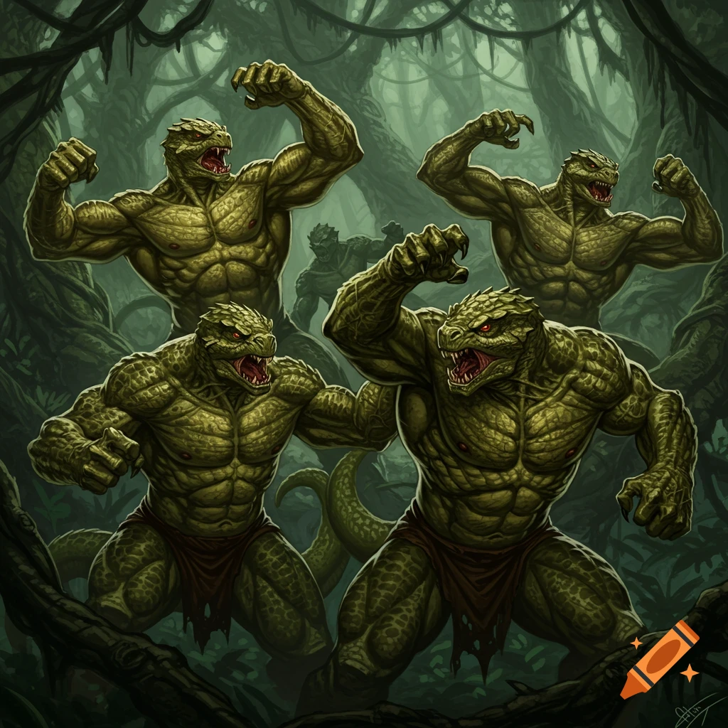 Muscular reptile men pose and flex in a dark jungle.