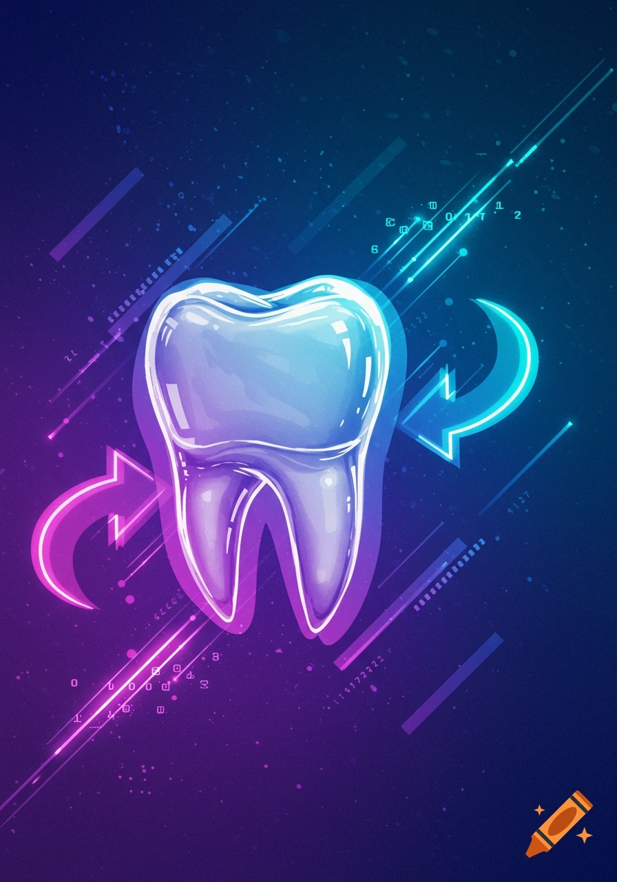Stylized illustration of a tooth with glowing arrows and abstract digital background