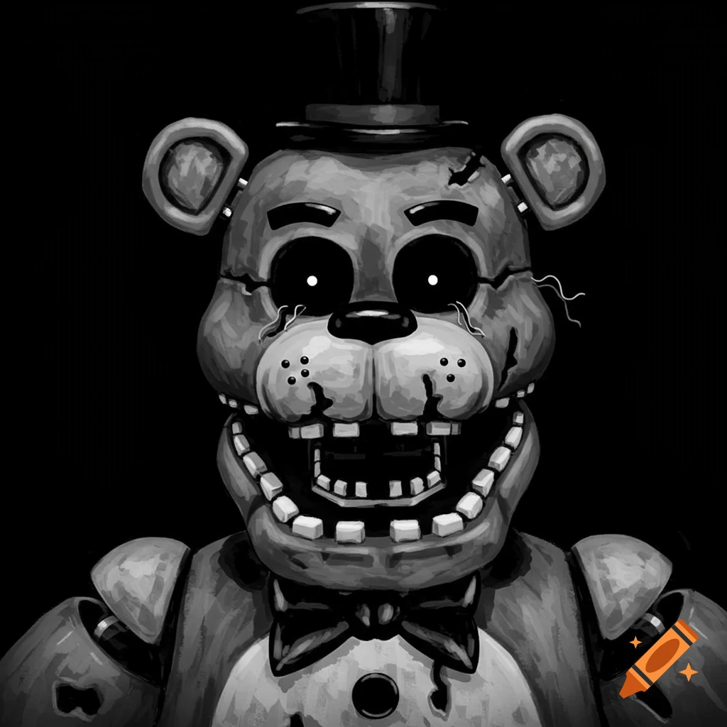 Monochrome portrait of a creepy animatronic bear with a top hat and bowtie against a black background.