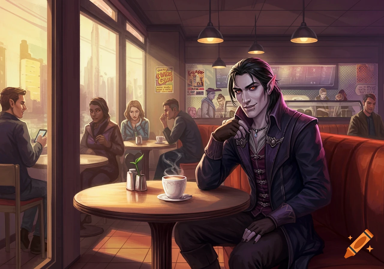 Illustrative scene of a vampire-like man sitting at a table in a busy cafe.