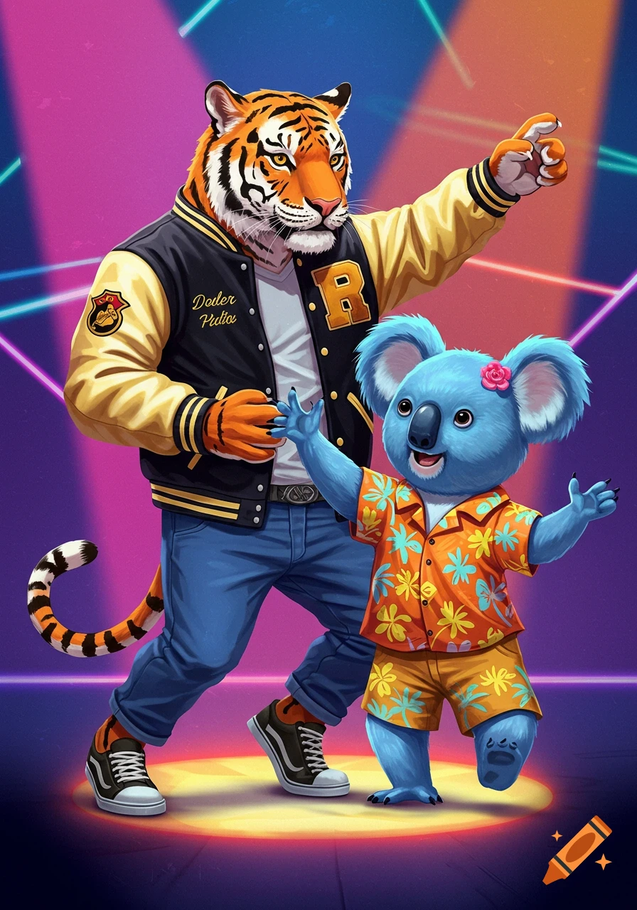 A cartoon tiger in a letterman jacket dances with a blue koala in a Hawaiian shirt under neon lights.