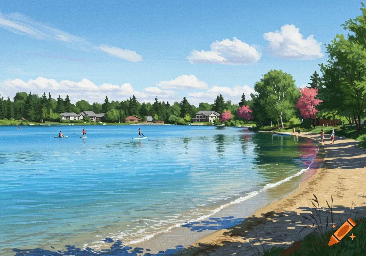 Sunny lake scene with people paddleboarding near a beach, houses, and trees. Illustrated style.