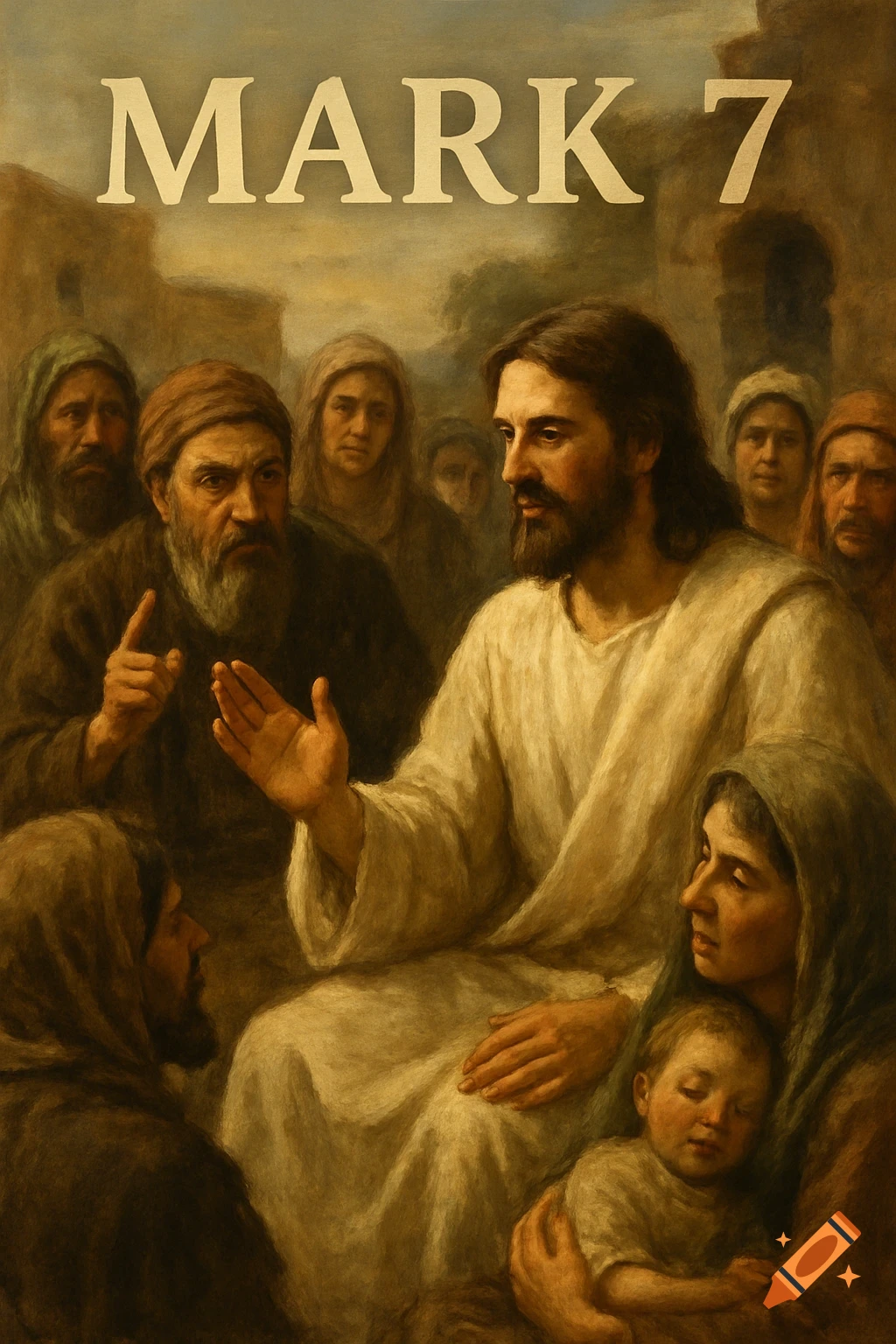 Painting of Jesus teaching a crowd, with the text "MARK 7" above.