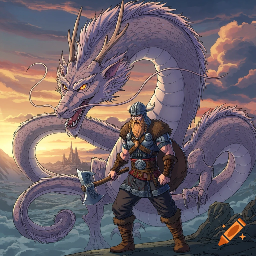 A viking warrior with an axe stands next to a large, coiled dragon in a dramatic fantasy landscape at sunset, rendered in anime style.