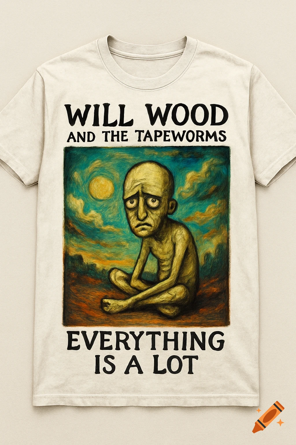 A t-shirt featuring a sad creature illustration in a painted style with text 'Will Wood and the Tapeworms, Everything is a Lot'.
