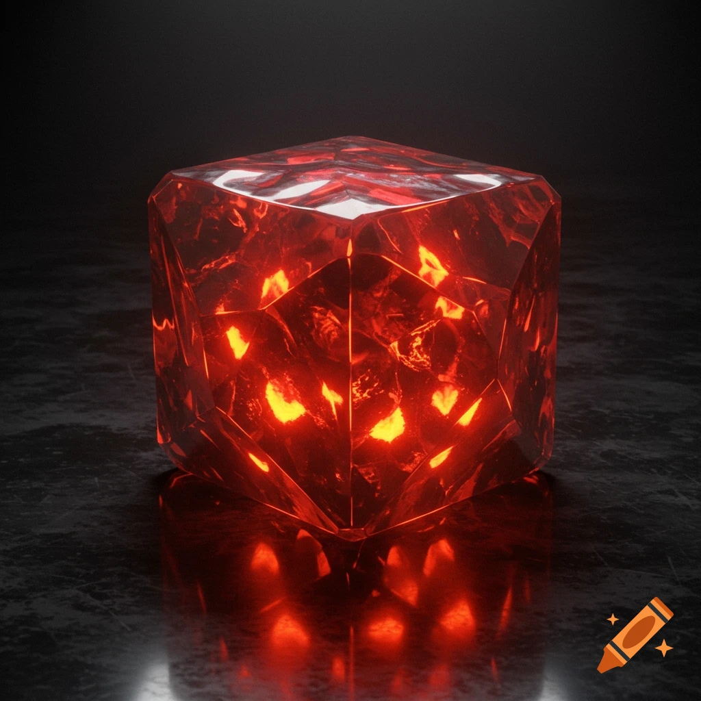 A glowing red faceted cube crystal on a dark surface