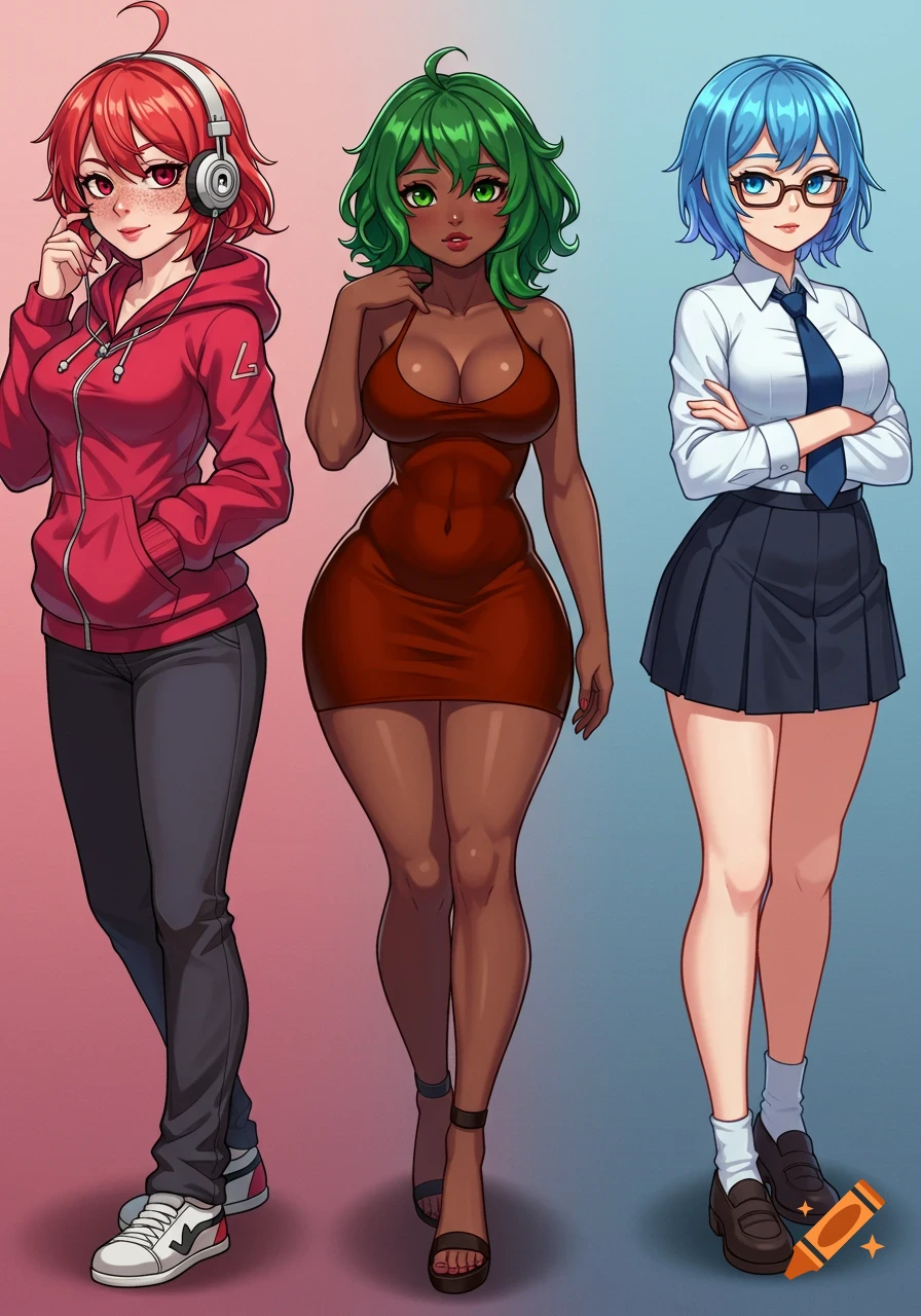 Three anime girls in different outfits standing together.