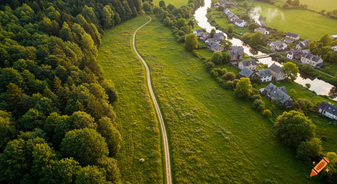 Aerial view of a winding path through a green field beside a forest, leading towards a village nestled along a river.