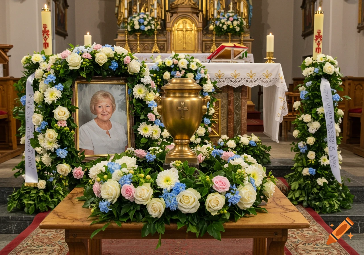 A golden urn and portrait of a woman surrounded by flowers in a church.