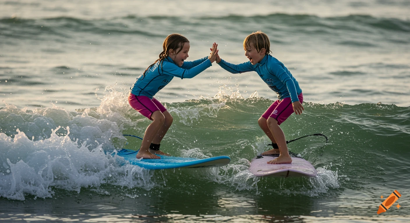 Two kids surfing on waves high-fiving