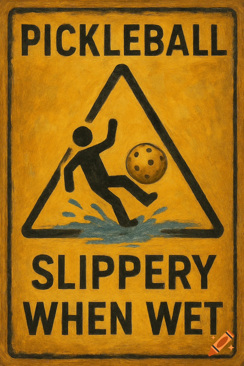 Warning sign illustration for pickleball: person slipping next to a ball with text 'PICKLEBALL SLIPPERY WHEN WET'.