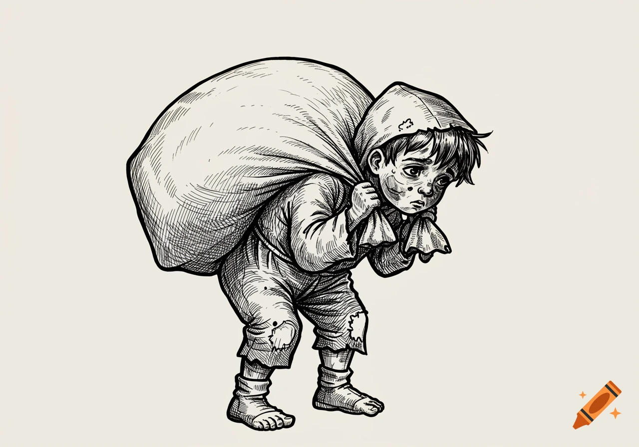 Black and white line drawing of a sad young boy with tattered clothes carrying a large sack on his back.