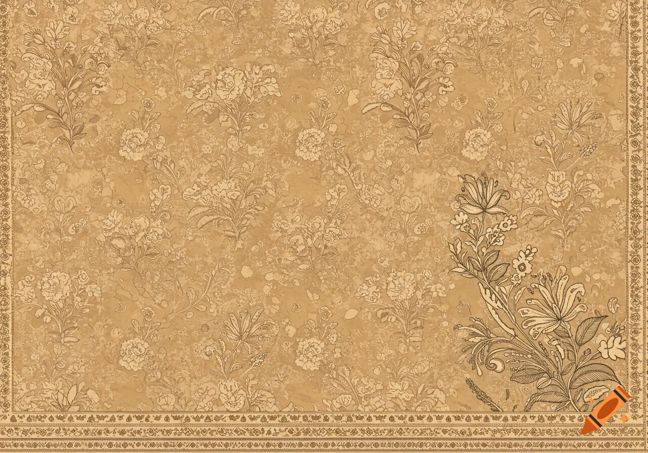 Seamless beige floral and vine pattern on a textured brown background with a decorative border.